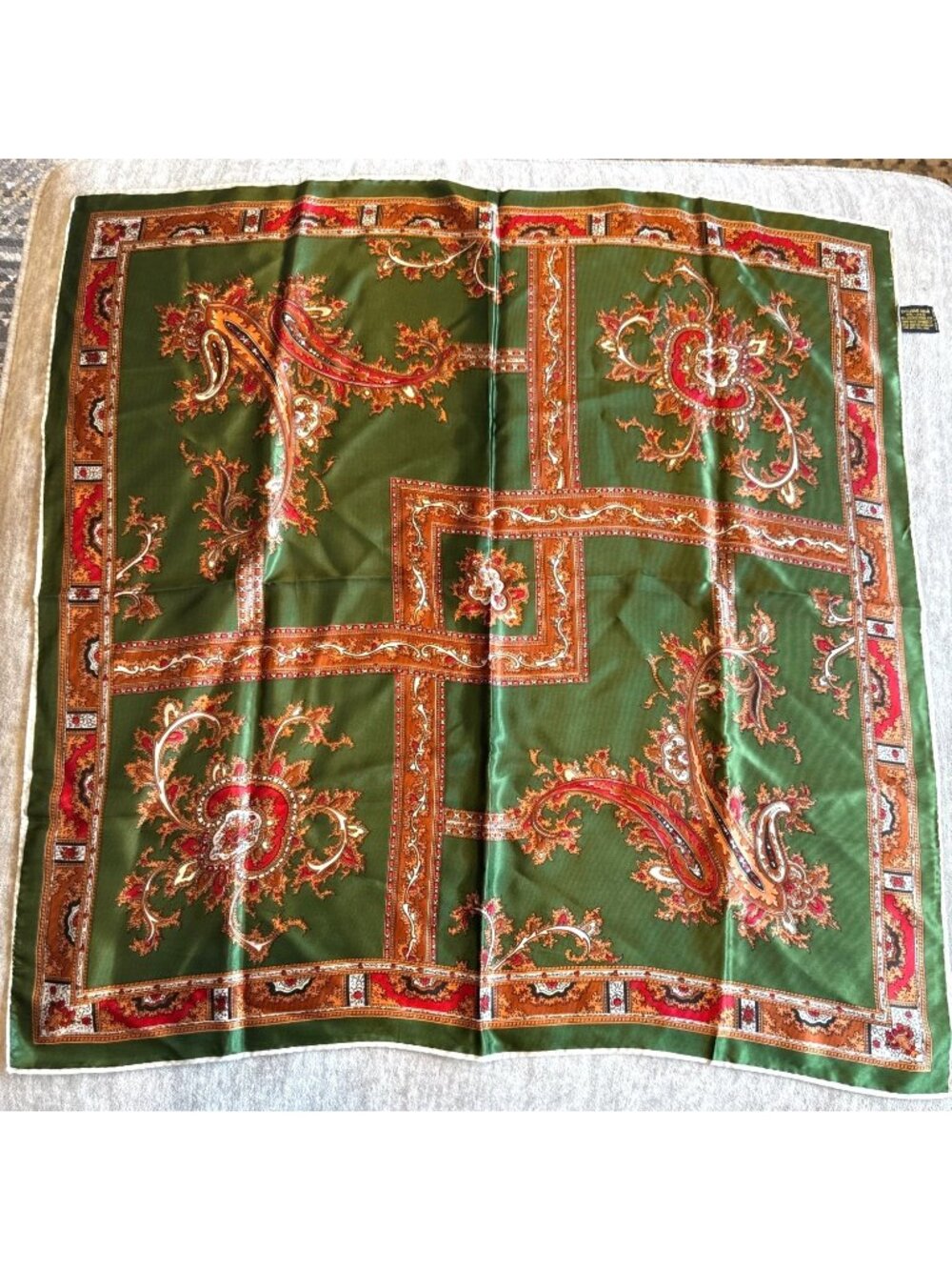 Beautiful Green and Orange Glossy Square Scarf Fall Winter Rolled Hem